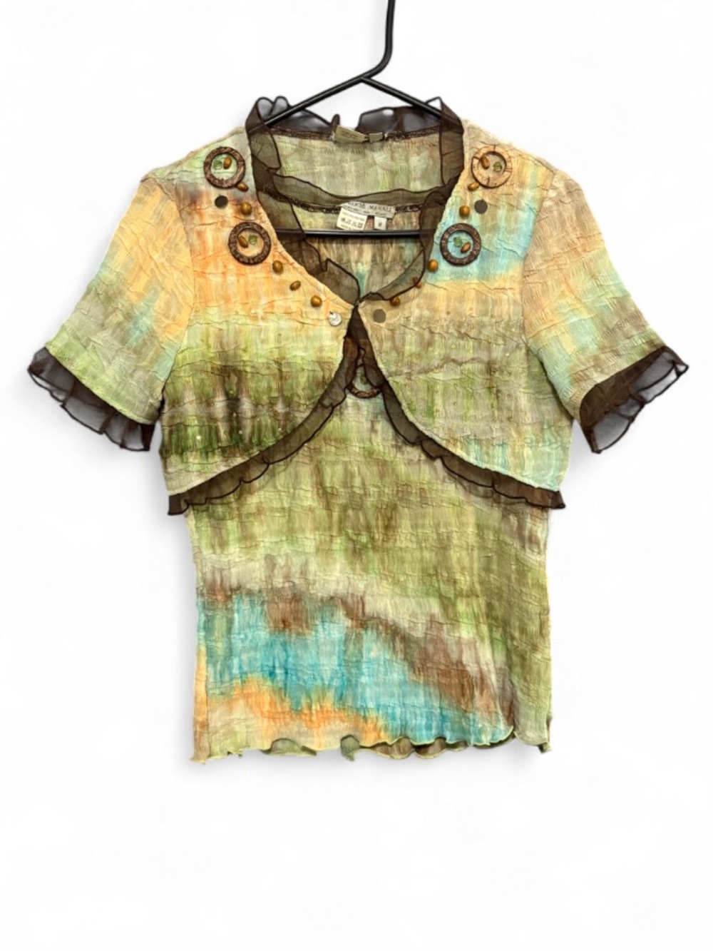 Albert Makali 90’s Y2K Tie-Dye Crinkle Mesh Two-Piece Bolero and Tank Top Set